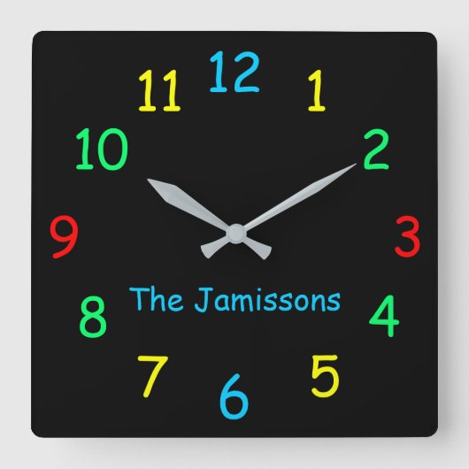 色を選択パーソナライズされた黒 スクエア壁時計 (正面)