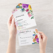 色エレガントはっきりしたバラと牡丹結婚の元気 オールインワン招待状 (貼ってはがせる)