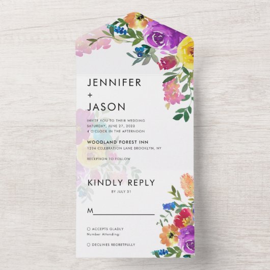 色エレガントはっきりしたバラと牡丹結婚の元気 オールインワン招待状 (内側)