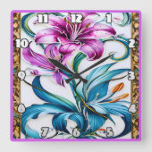 色エレガント付きのリリー鮮やかアートワーク スクエア壁時計 (正面)