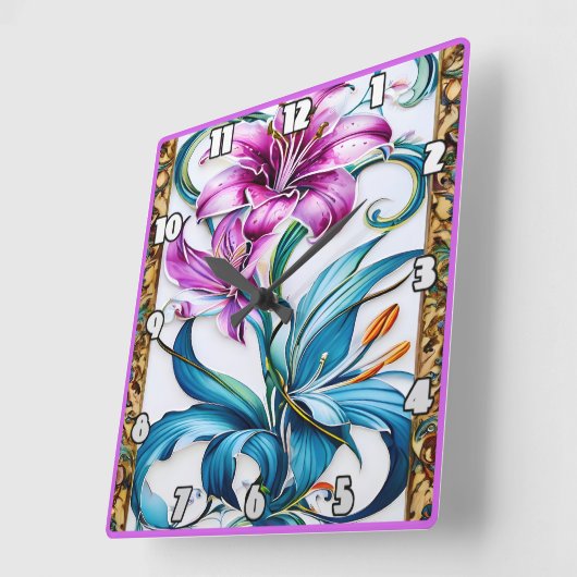 色エレガント付きのリリー鮮やかアートワーク スクエア壁時計 (傾斜)
