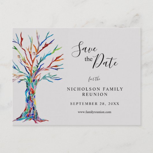 色エレガント付きツリー家族懇親会発表 案内ポストカード (正面)