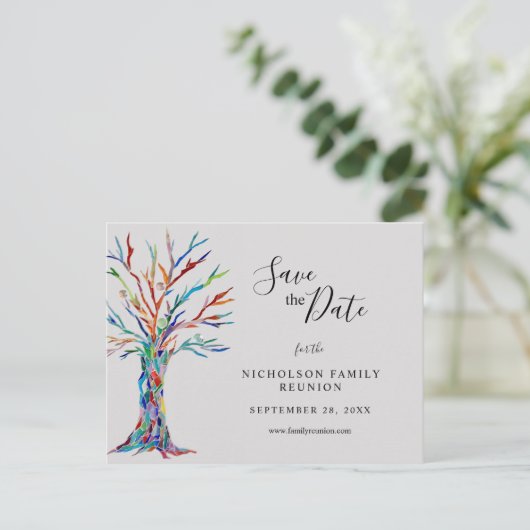 色エレガント付きツリー家族懇親会発表 案内ポストカード (スタンド正面)