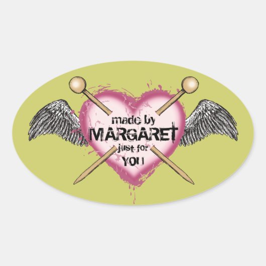 色カスタム編み物針ハートウイングラベル 楕円形シール (正面)