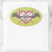 色カスタム編み物針ハートウイングラベル 楕円形シール (バッグ)