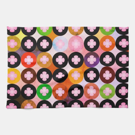 色クール数々のの円とピンク色のクローバー キッチンタオル (横)