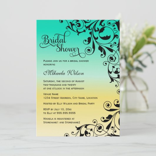 色スタイリッシュとグラデーション渦巻きブライダルシャワー 招待状 (スタンド正面)