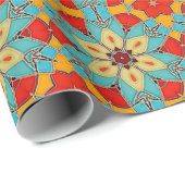 色スタイリッシュ付きモザイク – フォークアート花ブルー ラッピングペーパー (ロールコーナー)