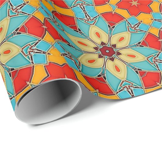 色スタイリッシュ付きモザイク – フォークアート花ブルー ラッピングペーパー (ロールコーナー)