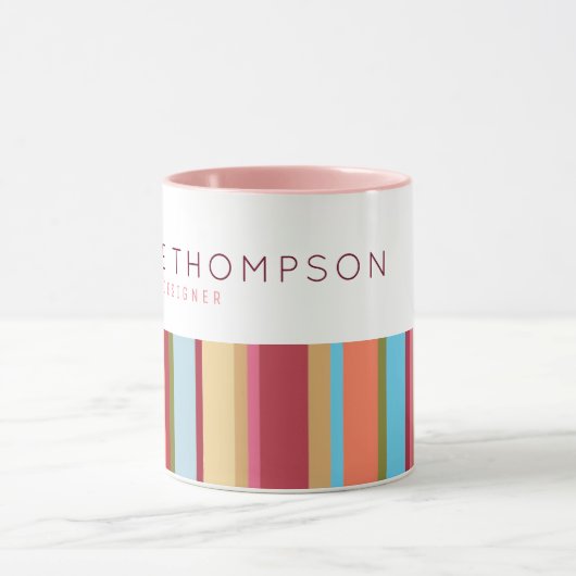 色ストライプ付,名前と職業,ピンク&スタイリッシュ マグカップ (中央)