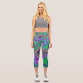 色トリップ（幻覚体験）のようなの緑と紫の波 カプリレギンス (正面)