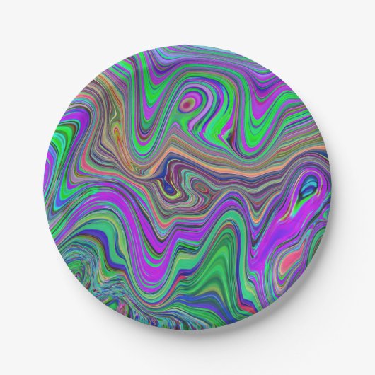 色トリップ（幻覚体験）のようなの緑と紫の波 ペーパープレート (正面)