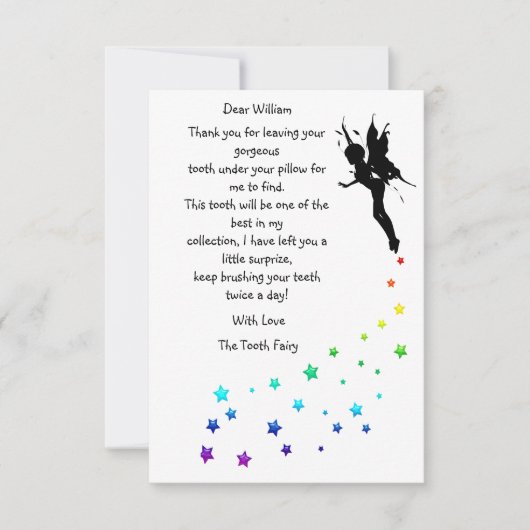 色パーソナライズされた星の歯の妖精ありがとう サンキューカード (正面)