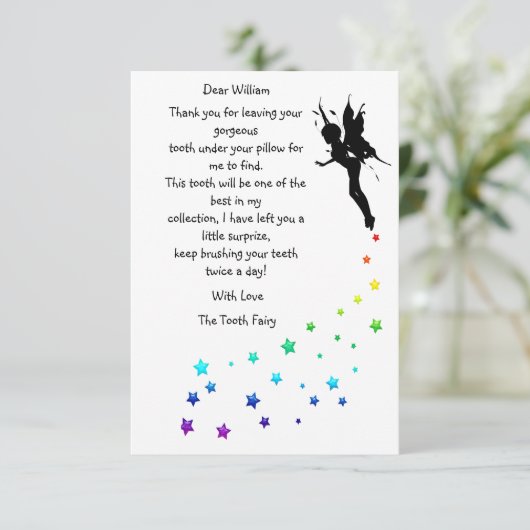 色パーソナライズされた星の歯の妖精ありがとう サンキューカード (スタンド正面)