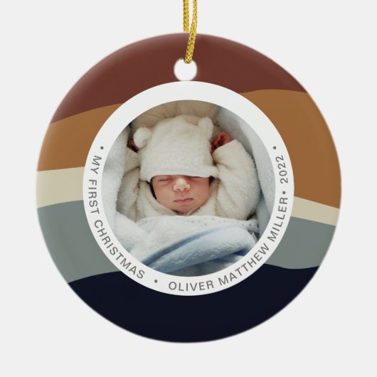 色ブロックモダンマイ初めてのクリスマスの色自然 セラミックオーナメント (正面)