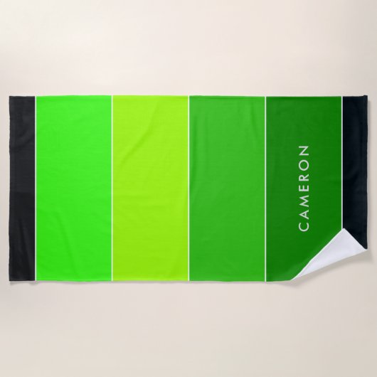 色ブロック名ストライプの緑の黒 ビーチタオル (正面)