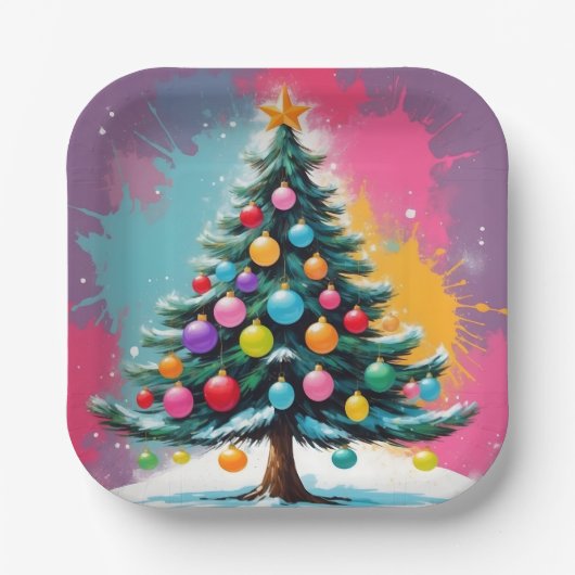 色ポップ・アートのの飛び散るアートクリスマス ペーパープレート (正面)