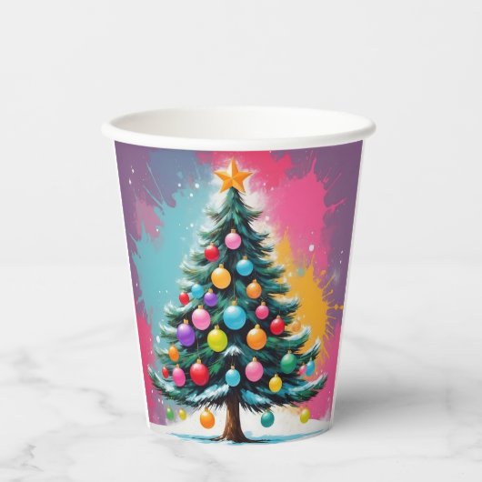 色ポップ・アートのの飛び散るアートクリスマス 紙コップ (正面)