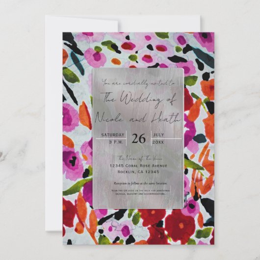 色ポップ・アートのはっきりしたのInky Water色の花結婚の 招待状 (正面)