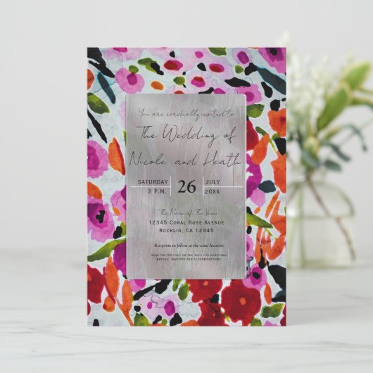 色ポップ・アートのはっきりしたのInky Water色の花結婚の 招待状 (スタンド正面)