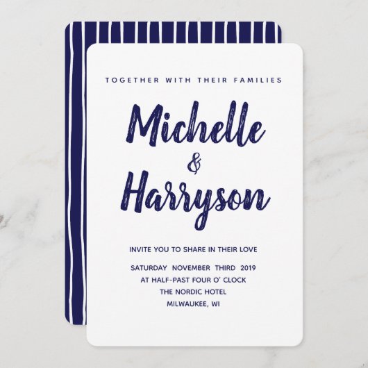 色ミニマル |ネイビーブルー |結婚式招待状 招待状 (正面/裏面)