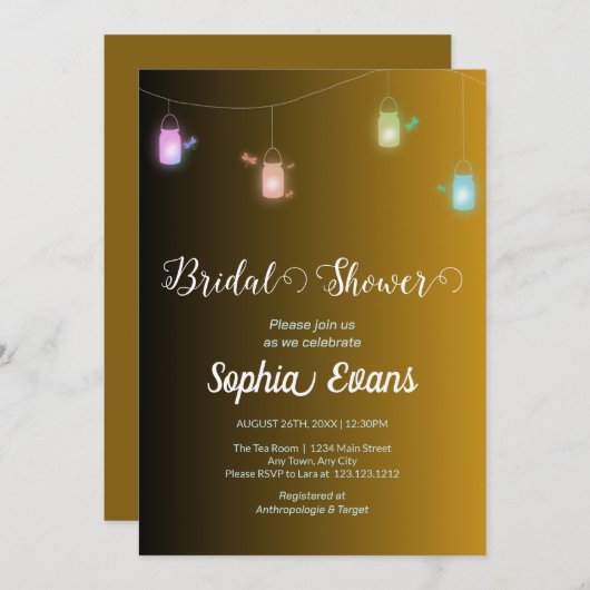 色モダン付きぶら下がったのメイスンの瓶の金ゴールド 招待状 (正面/裏面)