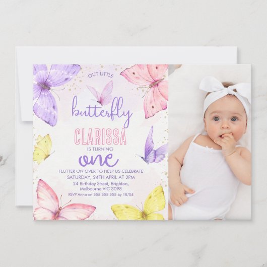 色モダン数々ののフォトバタフライ1歳の誕生日 招待状 (正面)