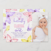 色モダン数々ののフォトバタフライ1歳の誕生日 招待状 (正面/裏面)