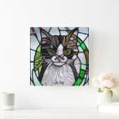 色モダン数々のステンドグラス猫 スクエア壁時計 (ホーム)