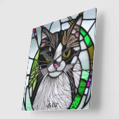 色モダン数々のステンドグラス猫 スクエア壁時計 (傾斜)