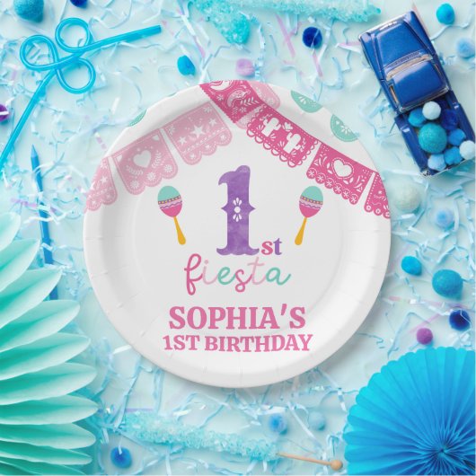色モダン数々の女の子フィエスタ1歳の誕生日 ペーパープレート (パーティー)