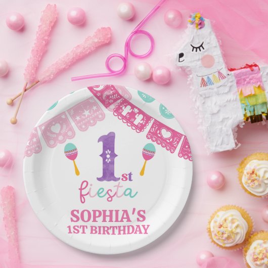 色モダン数々の女の子フィエスタ1歳の誕生日 ペーパープレート (パーティー)