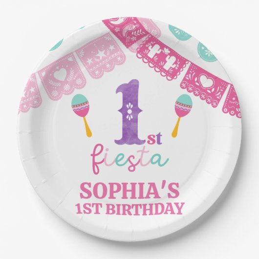 色モダン数々の女の子フィエスタ1歳の誕生日 ペーパープレート (正面)