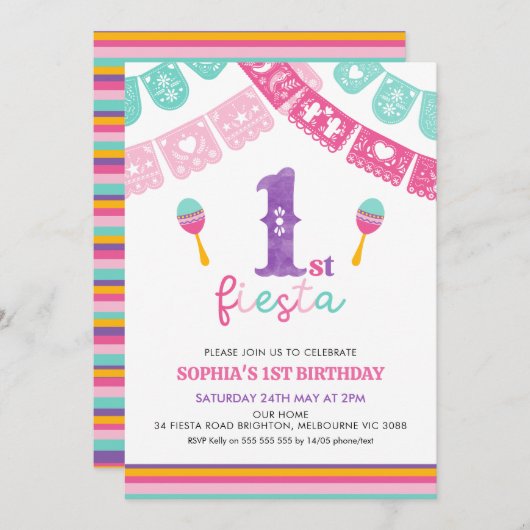 色モダン数々の女の子フィエスタ1歳の誕生日 招待状 (正面/裏面)