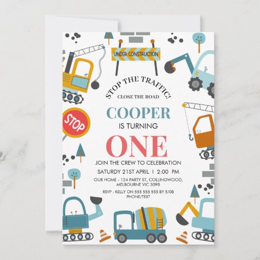 色モダン数々の男の子建築1歳の誕生日 招待状 (正面)