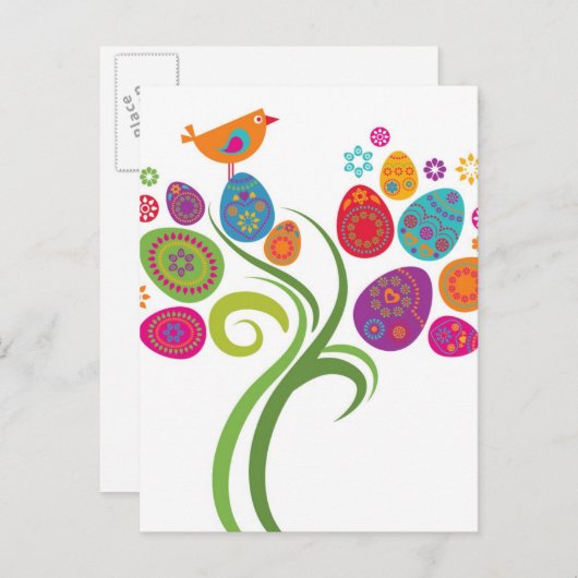 色付きの卵と花を持つイースターツリー シーズンポストカード (正面/裏面)