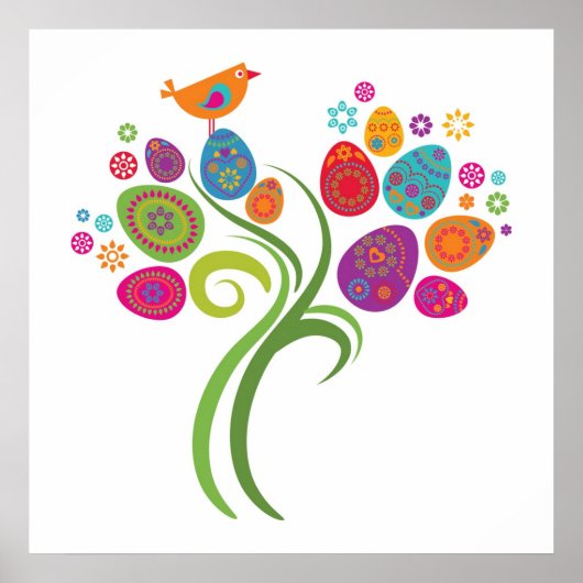 色付きの卵と花を持つイースターツリー ポスター (正面)
