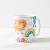 色付きの恐竜、雨を描いたシームレスなパターン コーヒーマグカップ (正面右)