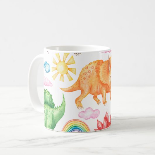 色付きの恐竜、雨を描いたシームレスなパターン コーヒーマグカップ (正面左)