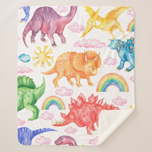 色付きの恐竜、雨を描いたシームレスなパターン シェルパブランケット (正面)