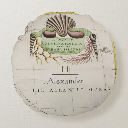 色付きアンティークマップカロライナ州フロリダの地図 ラウンドクッション (正面)