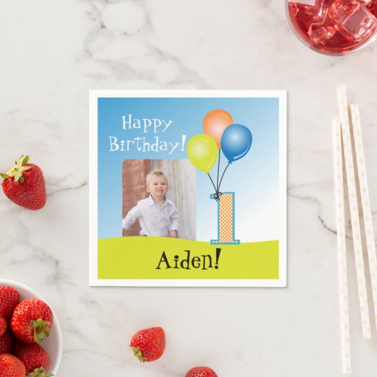 色付きバルーン |お子様の最初の誕生日フォト スタンダードカクテルナプキン (インサイチュ)