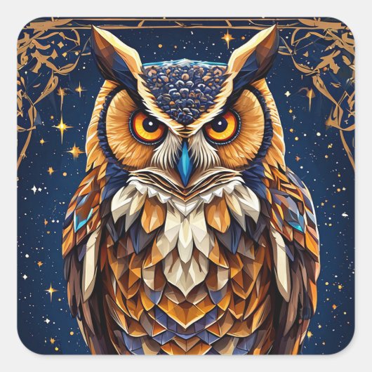 色付き幾何鮮やかフクロウ スクエアシール (正面)