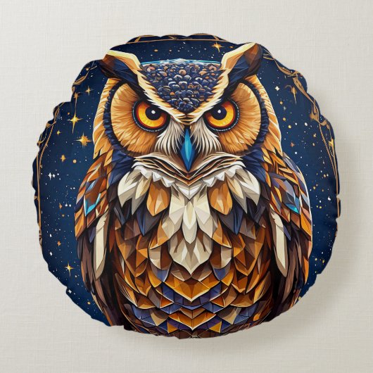 色付き幾何鮮やかフクロウ ラウンドクッション (正面)