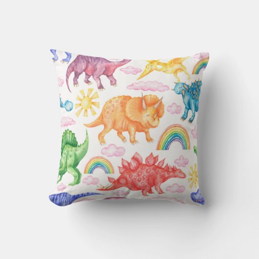 色付き恐竜の雨を描いたシームレスな模様 クッション (正面)