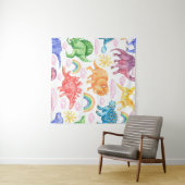 色付き恐竜の雨を描いたシームレスな模様 タペストリー (インサイチュ(横))