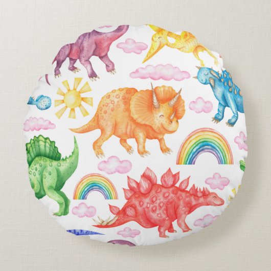 色付き恐竜の雨を描いたシームレスな模様 ラウンドクッション (正面)