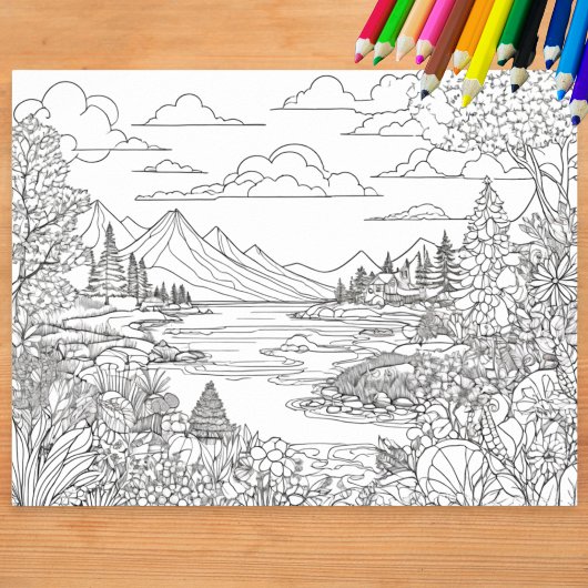 色付け 風景 湖 山 景色 色を塗る ポスター