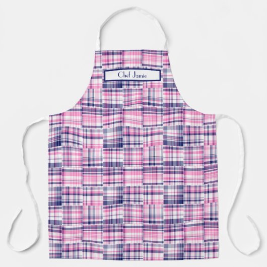 色名門私立校風の数々のパッチワークマドラピンクネイビー エプロン (正面)