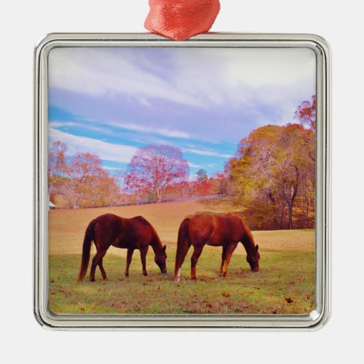 色地に茶色の馬2頭 メタルオーナメント (正面)